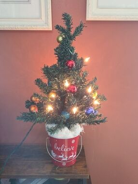 Festive 'Believe' Mini Christmas Tree - Green with Red Bucket